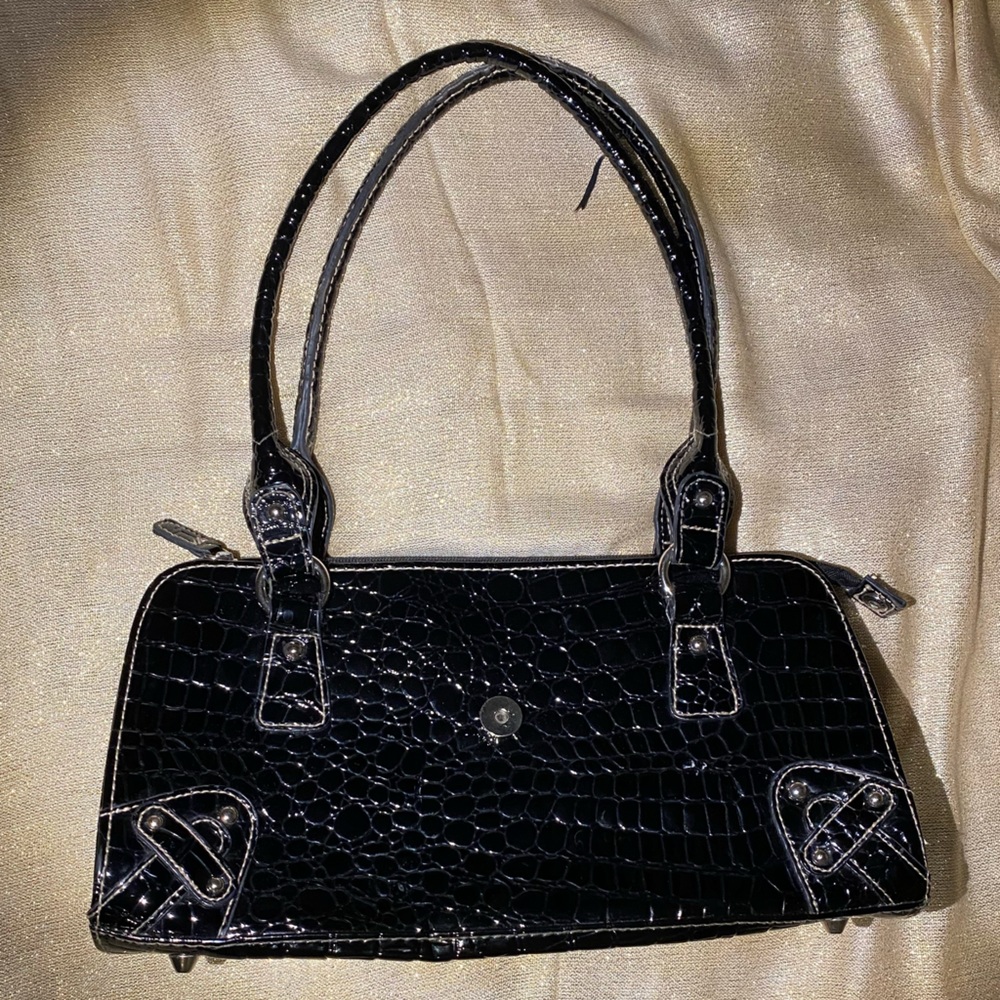 vintage black faux crocodile skin baguette bag